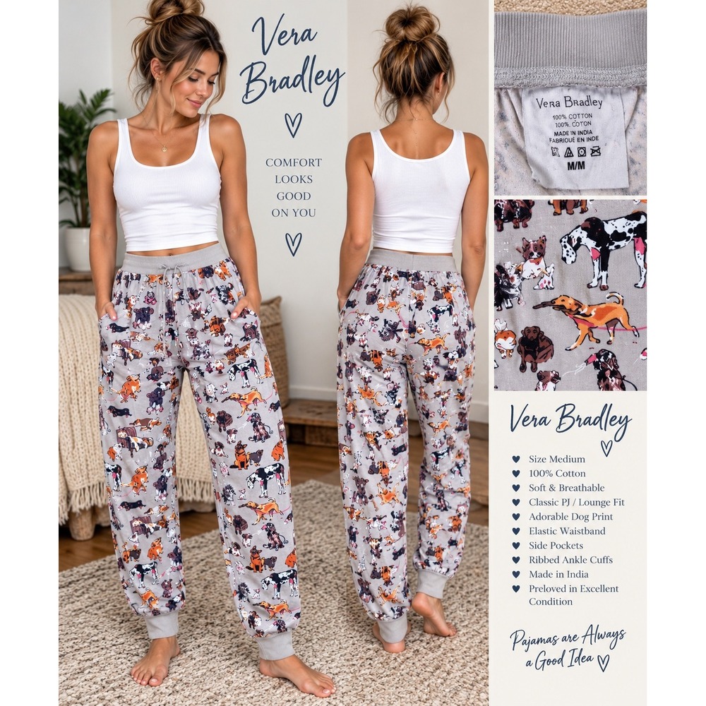 Vera Bradley Pajama Pants Dog Print Cotton Jogger Sleepwear Gray Medium